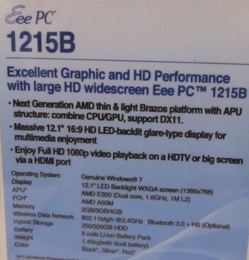  AMD Fusion Asus Eee PC 1215B Netbook