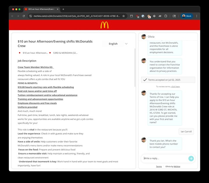 McDonald's'ın AI destekli işe alım sistemi milyonlarca veriyi sızdırdı