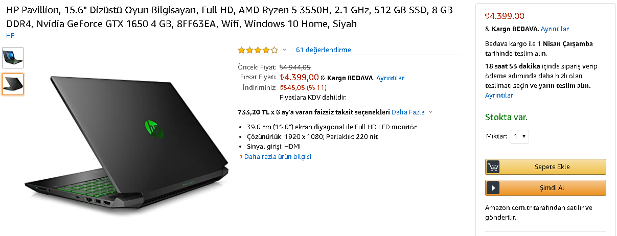HP AMD Ryzen 5 3550H, 2.1 GHz, 512 GB SSD, 8 GB DDR4, GTX 1650 4 GB, 8FF63EA 4.400 TL Amazon Türkiye