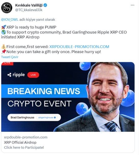 Kırıkkale Valiliği’nin Twitter hesabı hacklendi, XRP dolandırıcılığı yapıldı