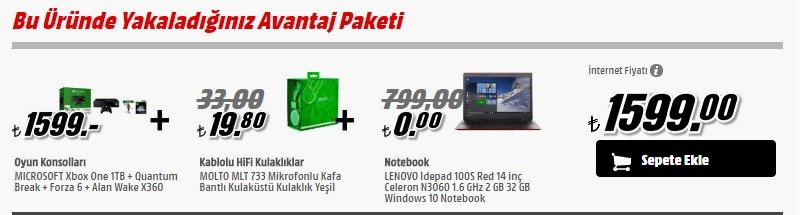  XBOX One 1TB + Lenovo İdeaPad 100s Notebook 1599 TL!