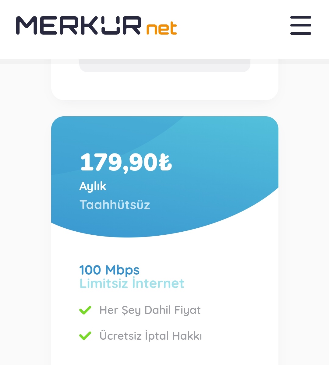 MerkürNet - 100 Mbps 150TL / 12 Ay Taahhüt ## Taahhütsüz / 140TL