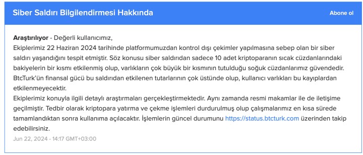 BtcTurk hacklendi: BtcTurk siber saldırıyı doğruladı!